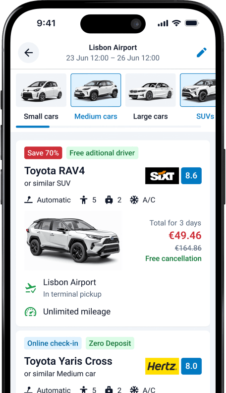 DiscoverCars.com uygulaması Lizbon Havalimanı'nda orta boy bir araç için arama sonuçlarını göstererek açıldı.