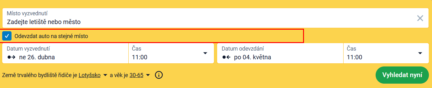 Vyhledávací formulář s označenou možností „Vrátit auto na stejné místo"