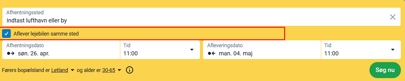 Søgeformular med markeret indstilling „Returner bil til samme sted"