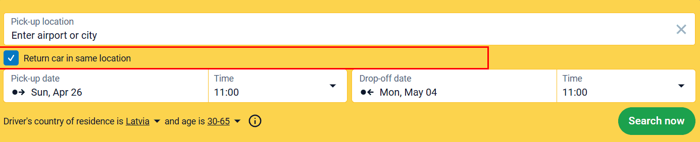 Car rental search form with the "Return car in same location" option highlighted