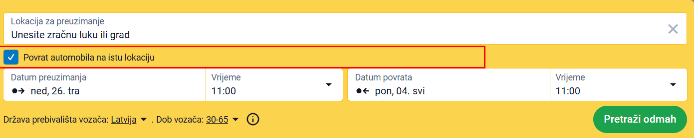 Obrazac za pretraživanje s označenom opcijom „Vrati auto na isto mjesto"