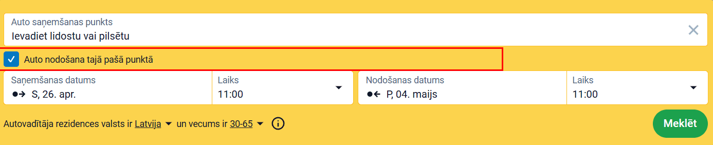 Meklēšanas forma ar iezīmētu opciju „Atgriezt automašīnu tajā pašā vietā"