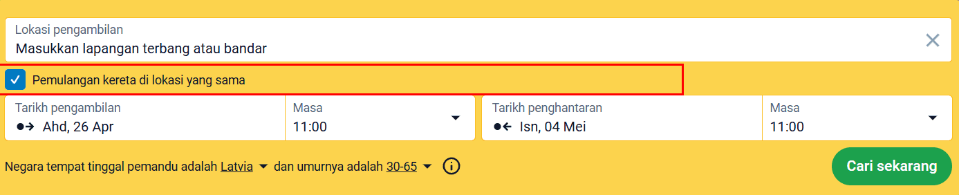 Borang carian dengan pilihan "Pulangkan kereta di lokasi yang sama" diserlahkan