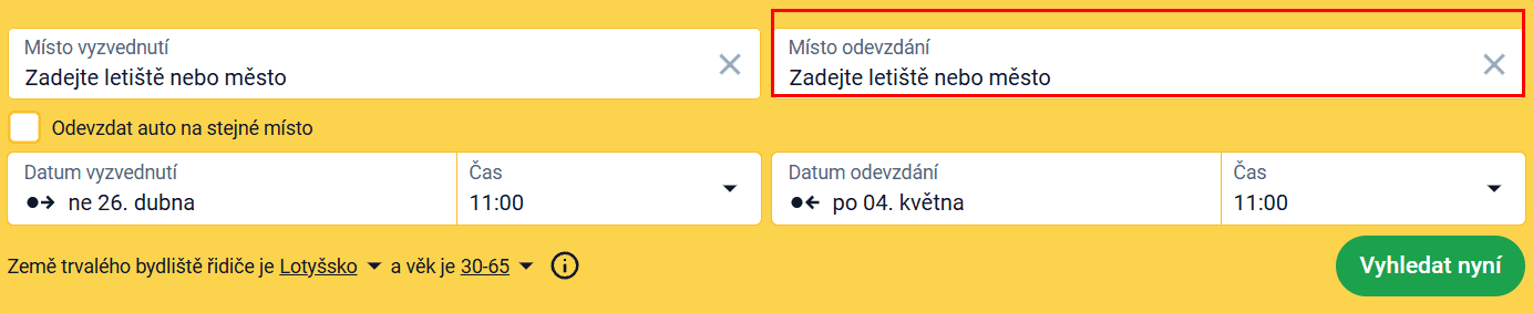 Vyhledávací formulář s označeným polem „Místo vrácení" pro jednosměrný pronájem