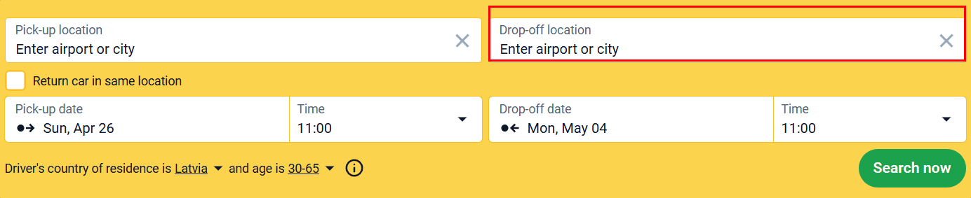 Car rental search form with the drop-off location field highlighted for a one-way rental