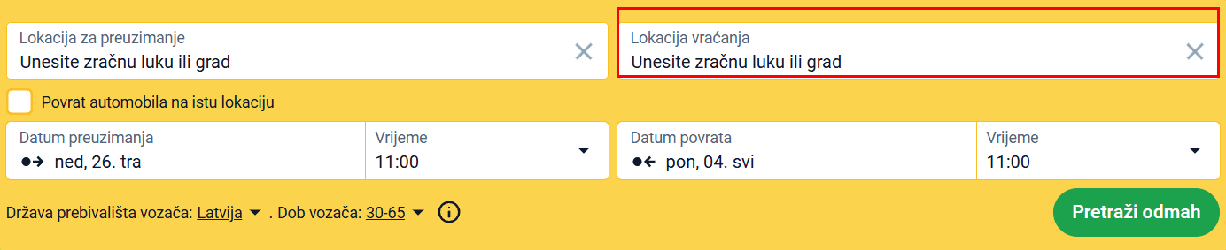 Obrazac za pretraživanje s označenim poljem „Mjesto povrata" za jednosmjerni najam