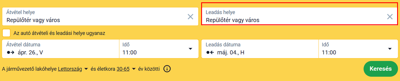 Keresési űrlap a visszaadási hely mezővel kiemelve egyirányú bérléshez