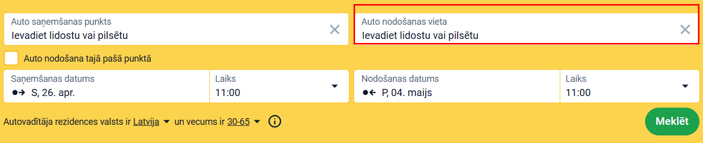 Meklēšanas forma ar iezīmētu atgriešanas vietas lauku vienpusējai nomai