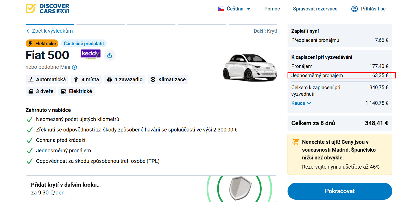Stránka rezervace s označenou cenou za jednosměrný pronájem