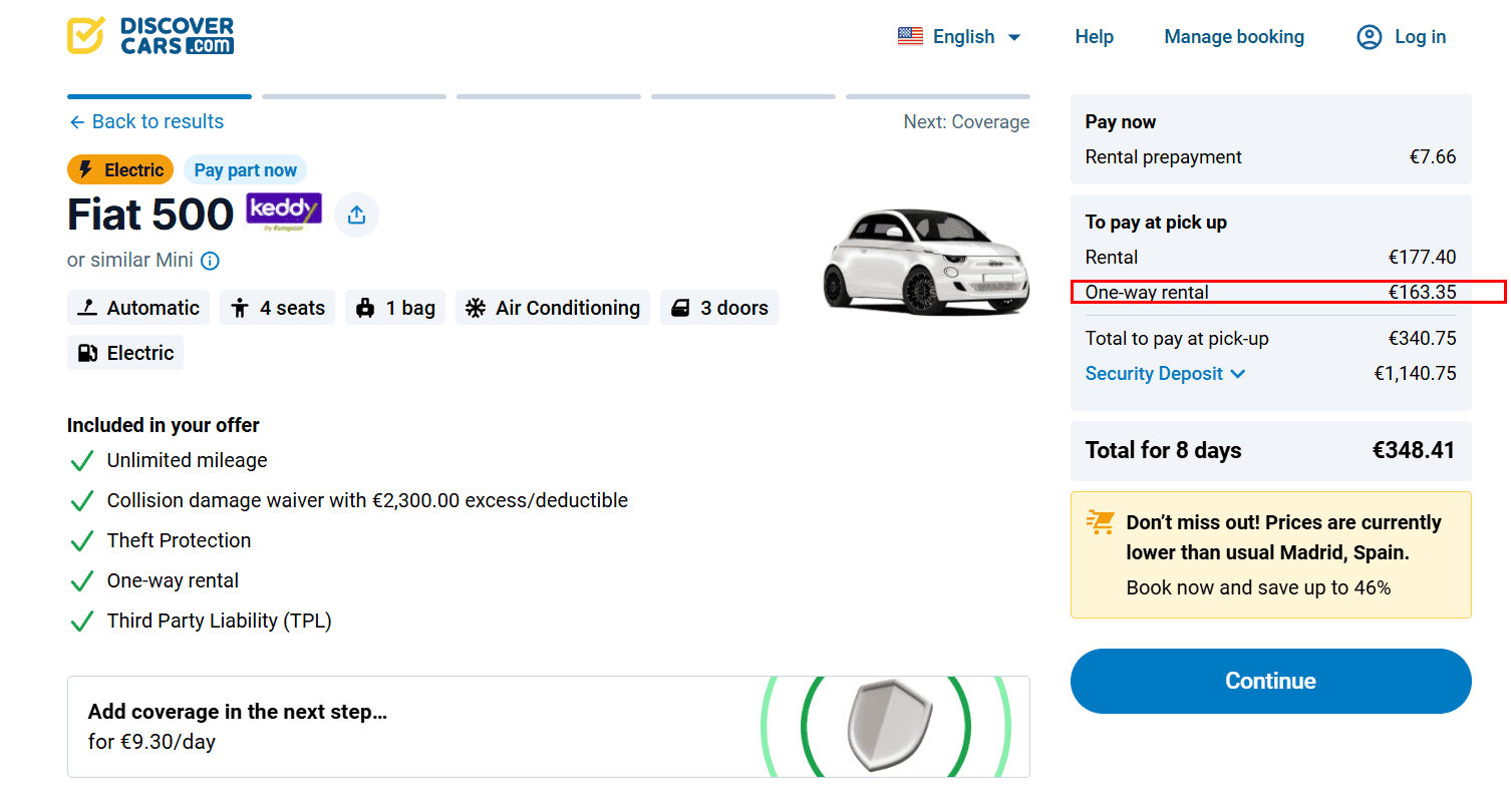 Booking page with the one-way rental cost highlighted
