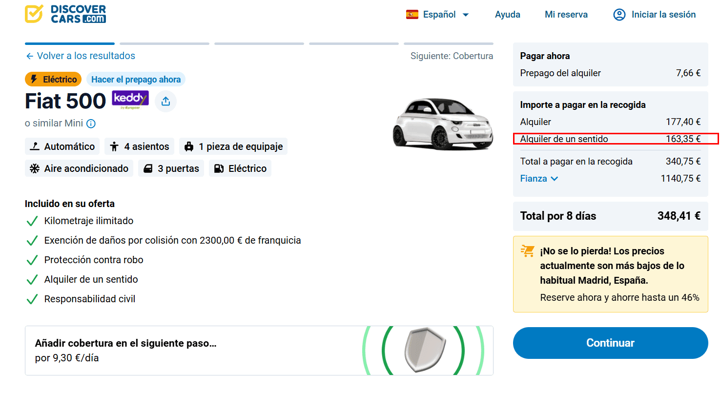 Página de reserva con el costo del alquiler de ida destacado