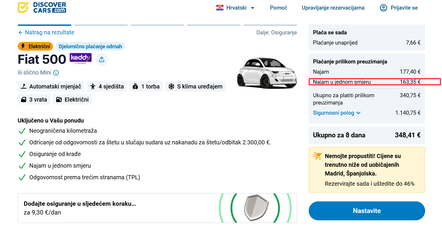 Stranica rezervacije s označenim troškom jednosmjernog najma
