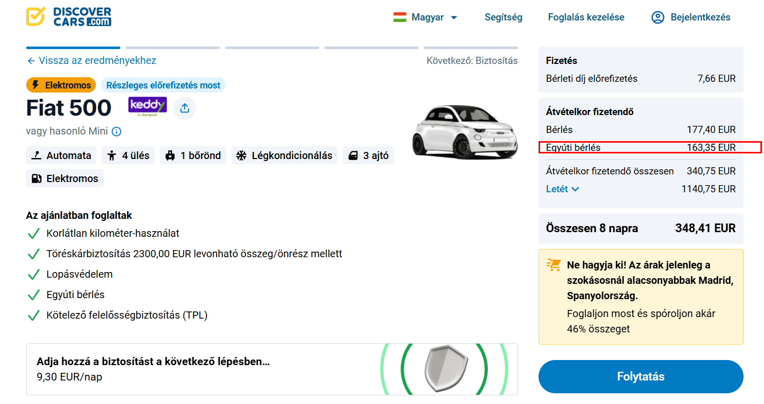 Foglalási oldal az egyirányú bérlés díjával kiemelve