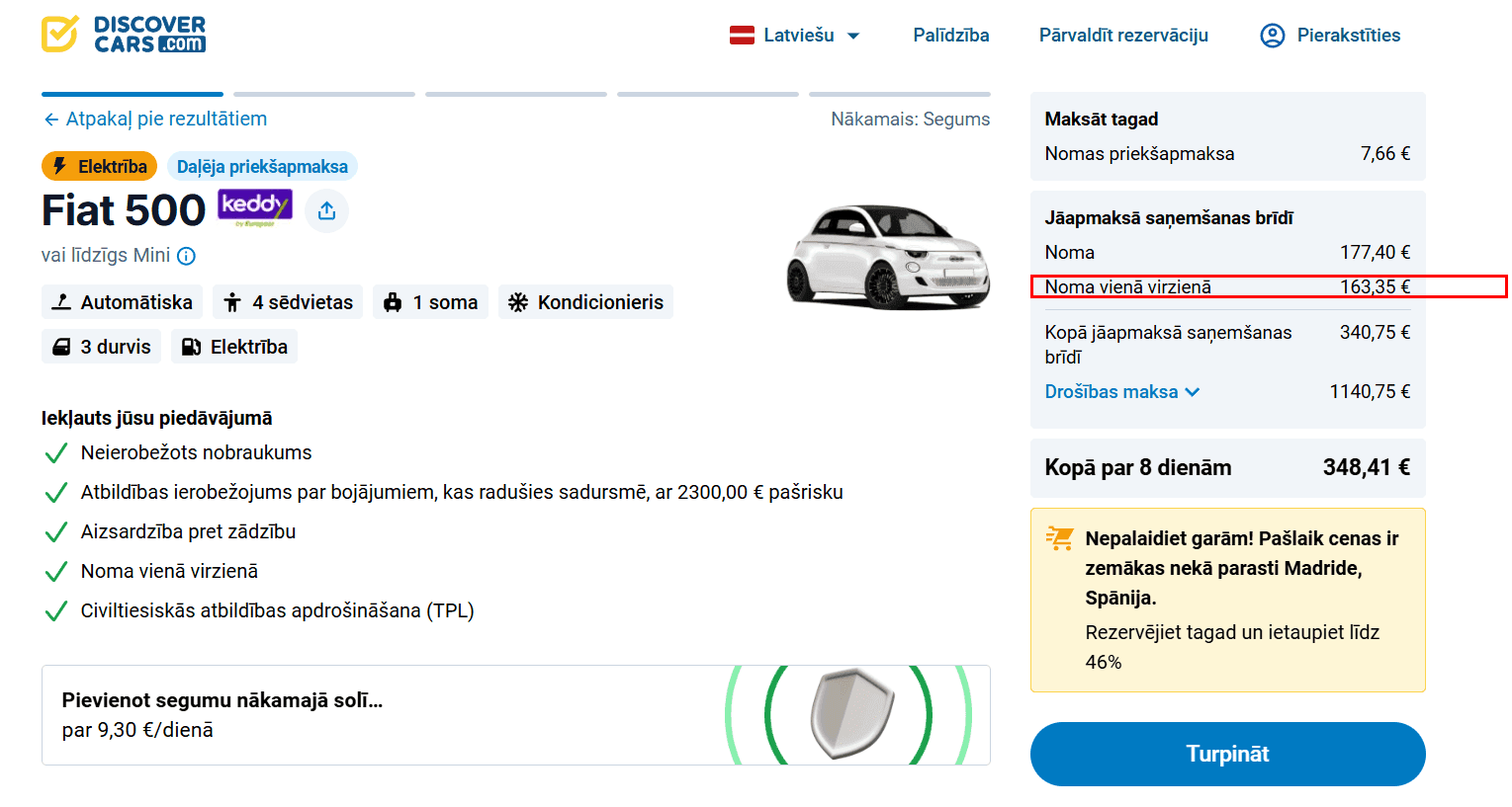 Rezervācijas lapa ar iezīmētām vienpusējās nomas izmaksām