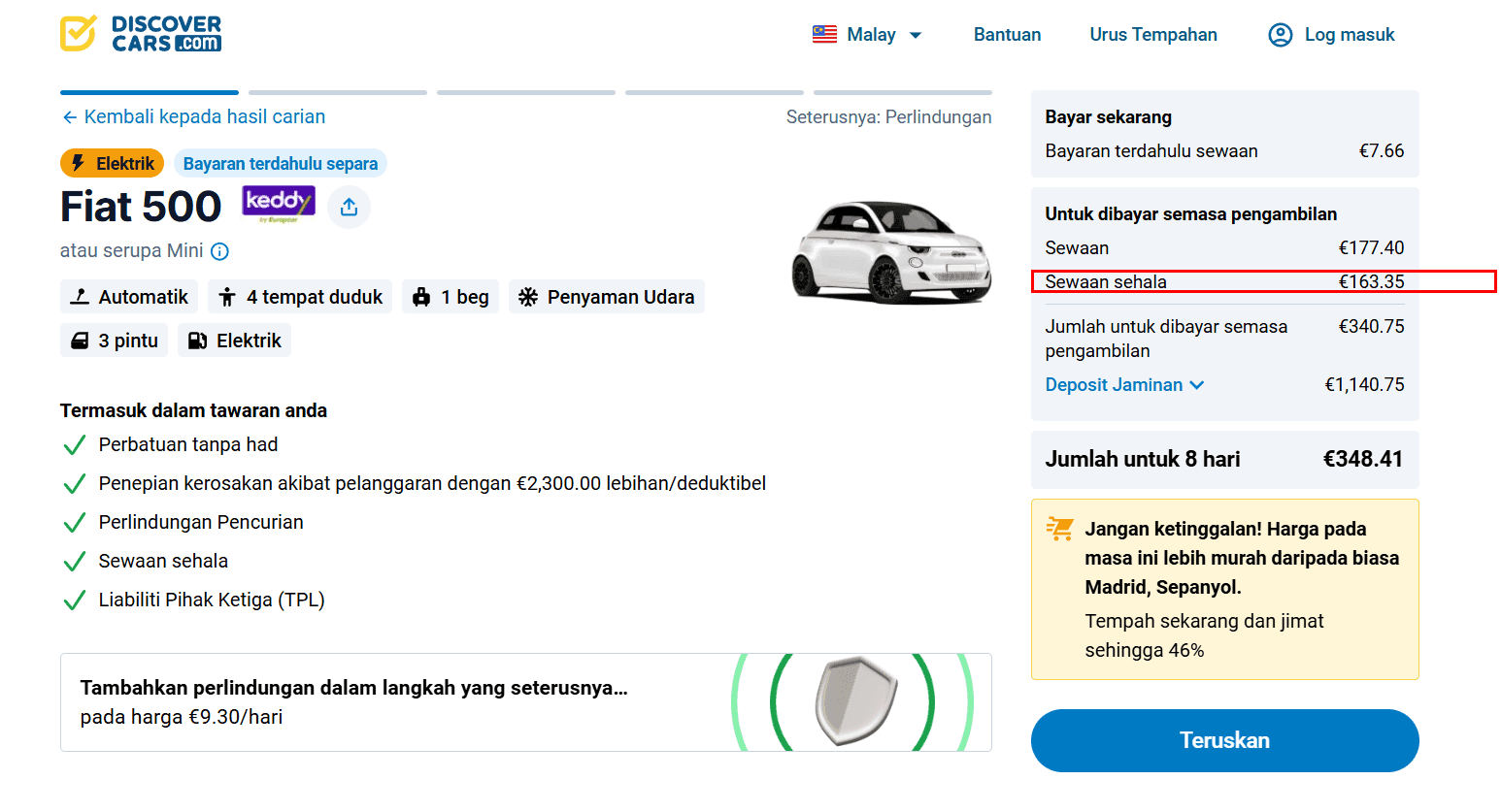 Halaman tempahan dengan kos sewaan sehala diserlahkan