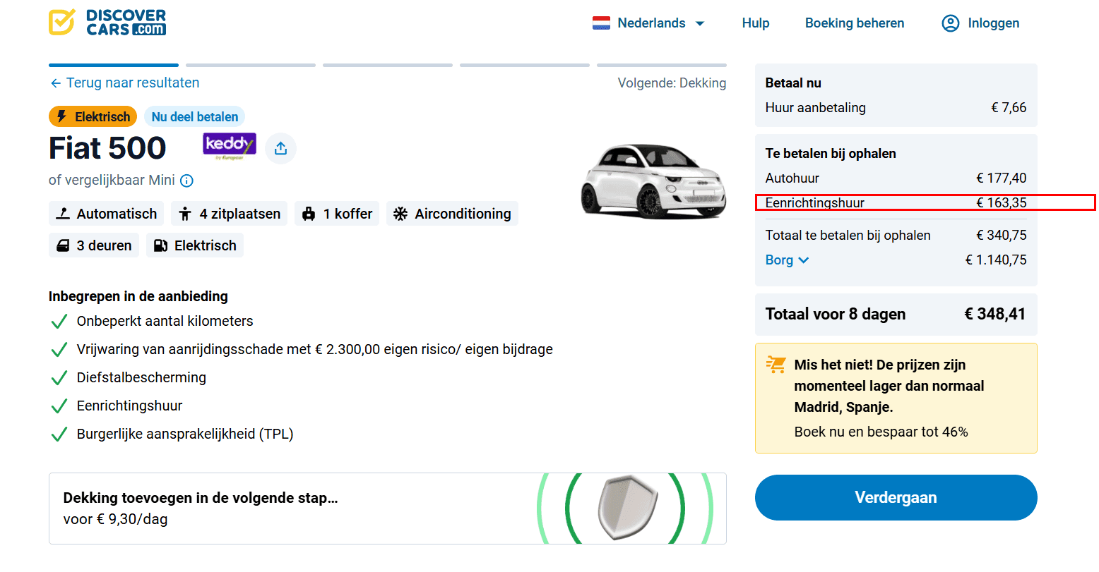 Boekingspagina met de kosten voor eenrichtingshuur gemarkeerd
