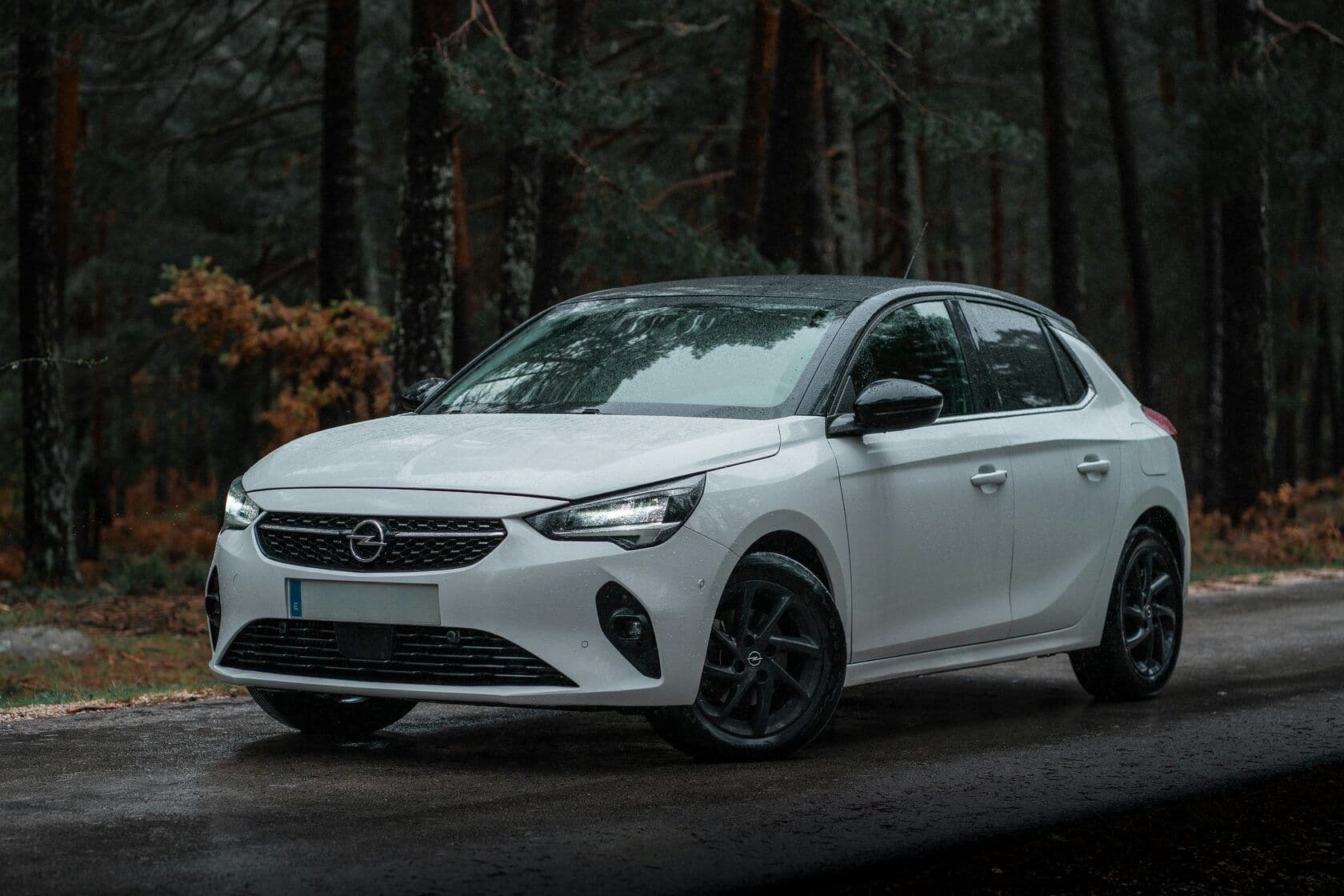 A white Opel parked in the forest