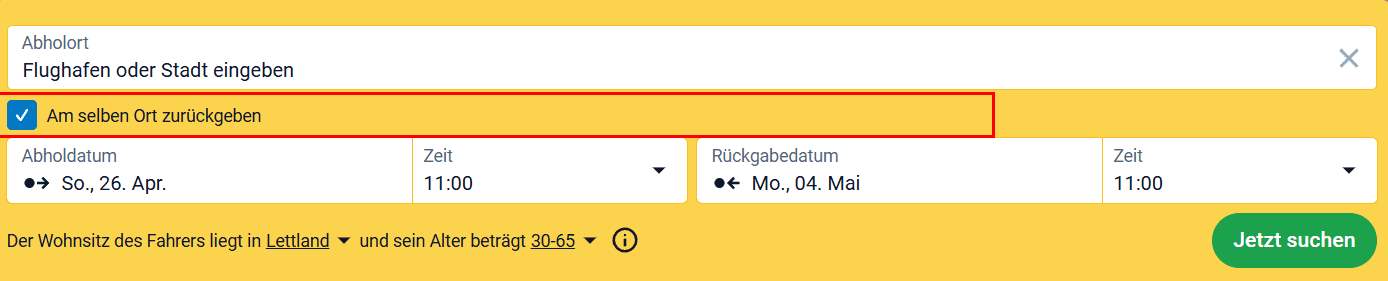 Suchformular mit hervorgehobener Option „Auto am gleichen Ort zurückgeben"