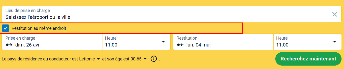 Formulaire de recherche avec l'option « Retourner la voiture au même endroit » mise en évidence