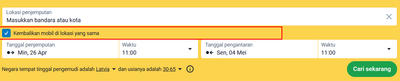 Formulir pencarian dengan opsi "Kembalikan mobil di lokasi yang sama" disorot
