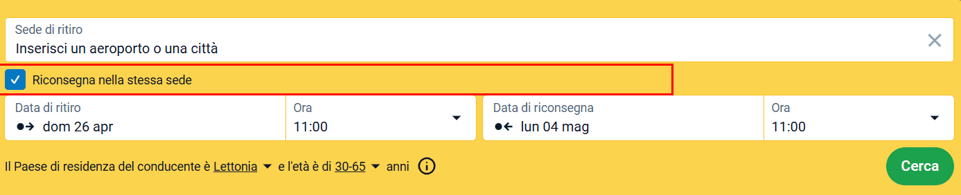 Modulo di ricerca con l'opzione "Restituisci l'auto nello stesso posto" evidenziata