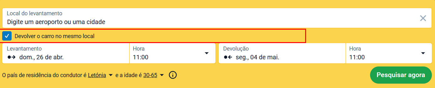 Formulário de pesquisa com a opção "Devolver o carro no mesmo local" destacada
