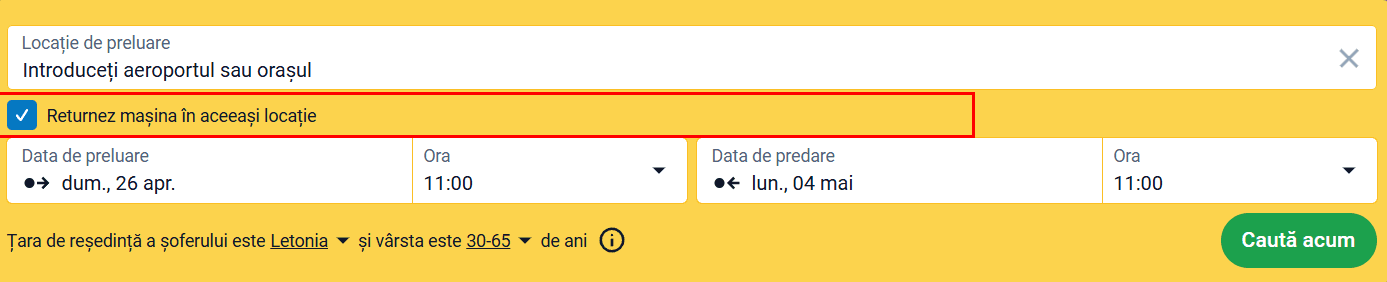Formular de căutare cu opțiunea „Returnează mașina în același loc" evidențiată