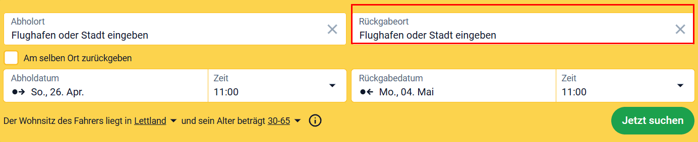 Suchformular mit hervorgehobenem Feld „Rückgabeort" für Einwegmiete