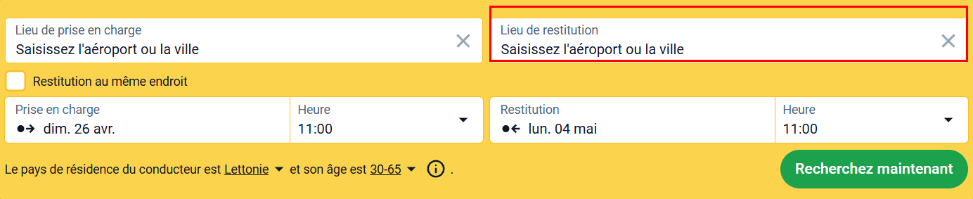 Formulaire de recherche avec le champ « Lieu de restitution » mis en évidence pour une location aller simple