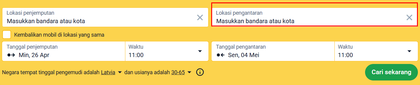 Formulir pencarian dengan kolom lokasi pengembalian disorot untuk sewa satu arah