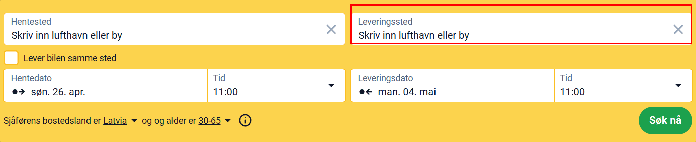 Søkeskjema med feltet «Innleveringssted» uthevet for enveisleie