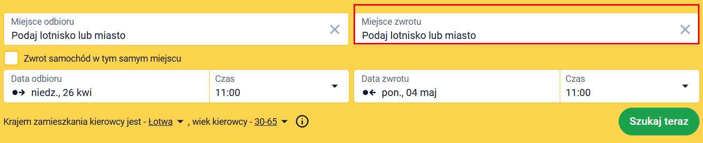 Formularz wyszukiwania z zaznaczonym polem miejsca zwrotu dla wynajmu w jedną stronę