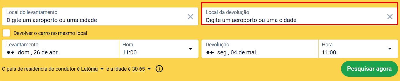 Formulário de pesquisa com o campo "Local de devolução" destacado para aluguer de ida