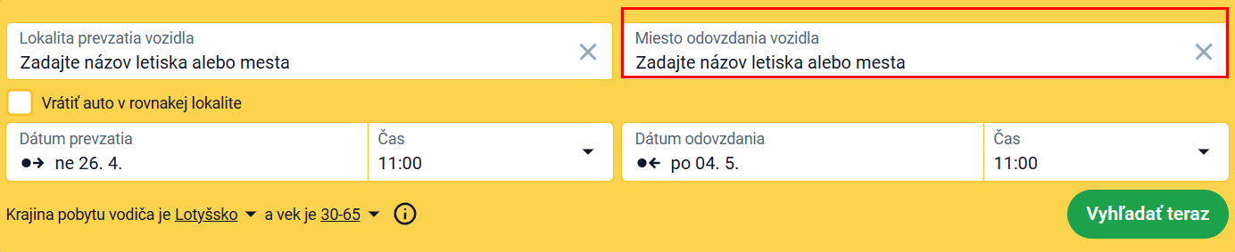 Vyhľadávací formulár s označeným poľom miesta vrátenia pre jednosmerný prenájom
