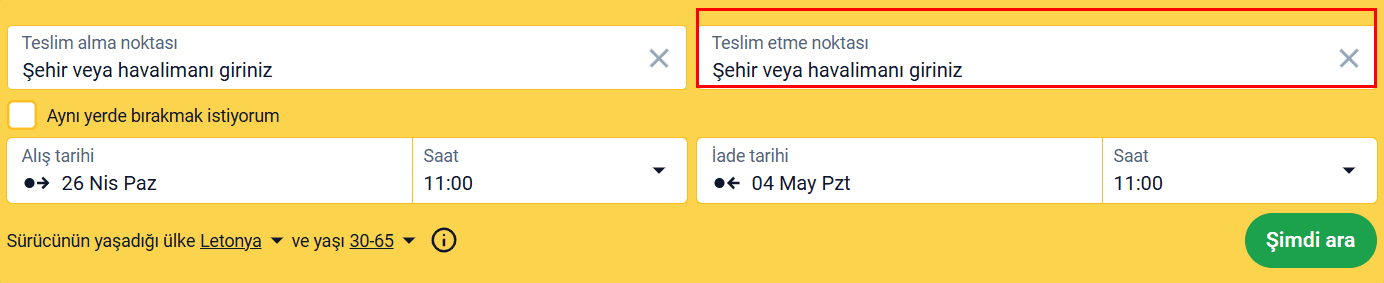 Arama formu, tek yönlü kiralama için iade konumu alanı vurgulanmış halde
