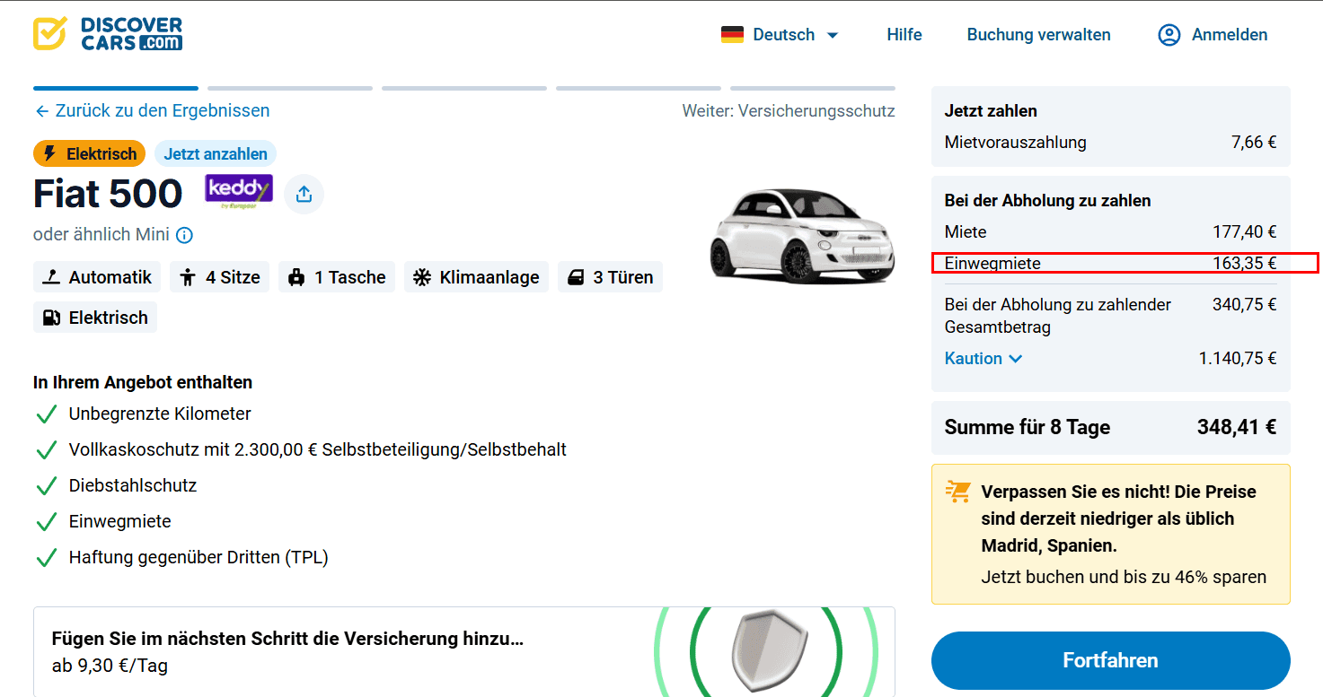 Buchungsseite mit hervorgehobenen Kosten für Einwegmiete