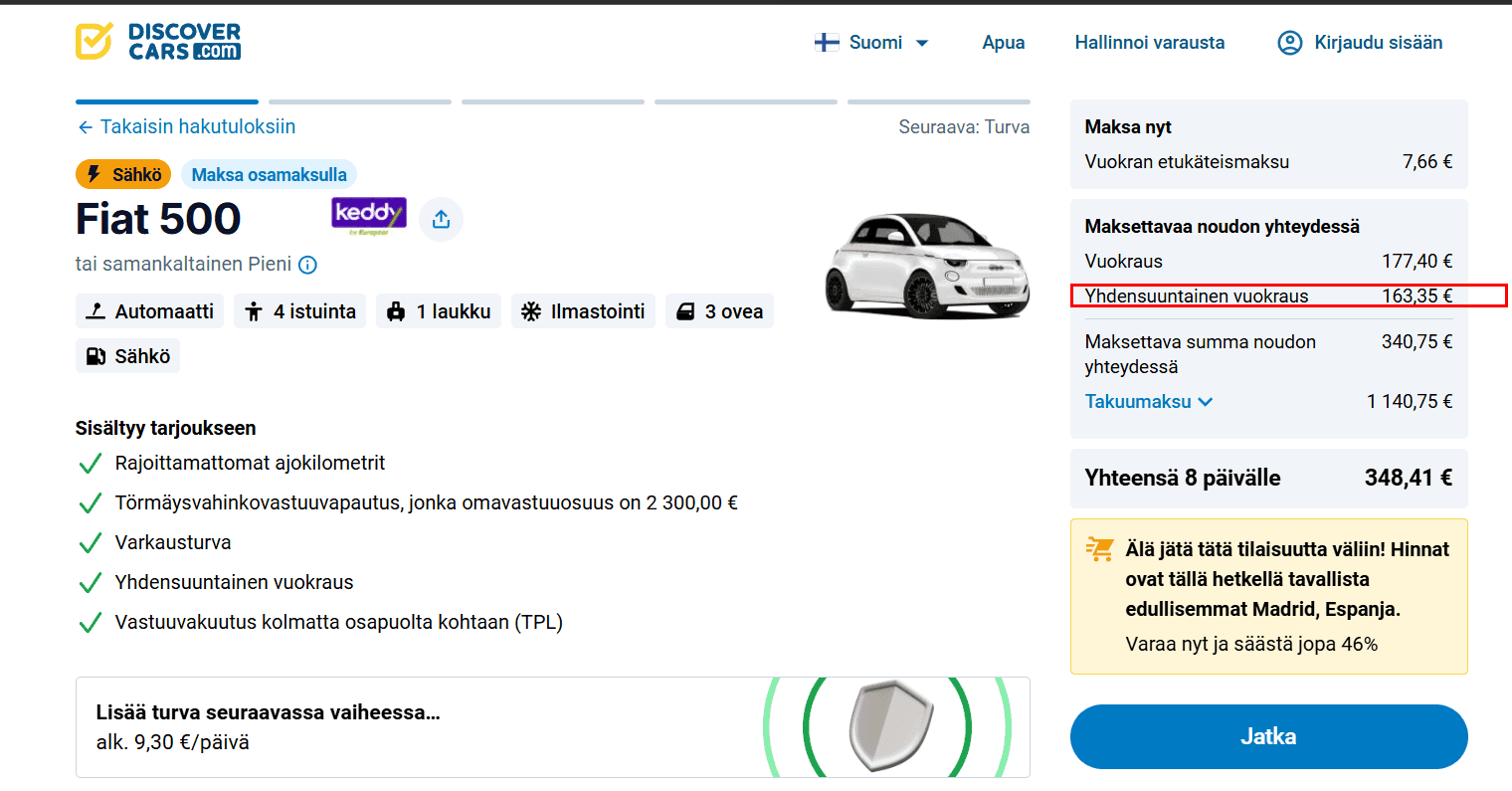 Varaussivu, jossa korostettu yhdensuuntaisen vuokrauksen hinta