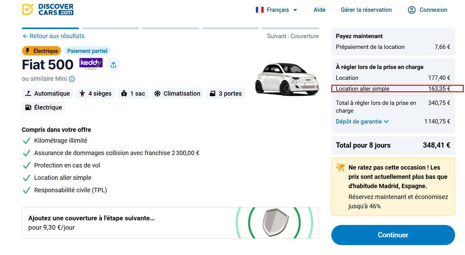 Page de réservation avec le coût de la location aller simple mis en évidence