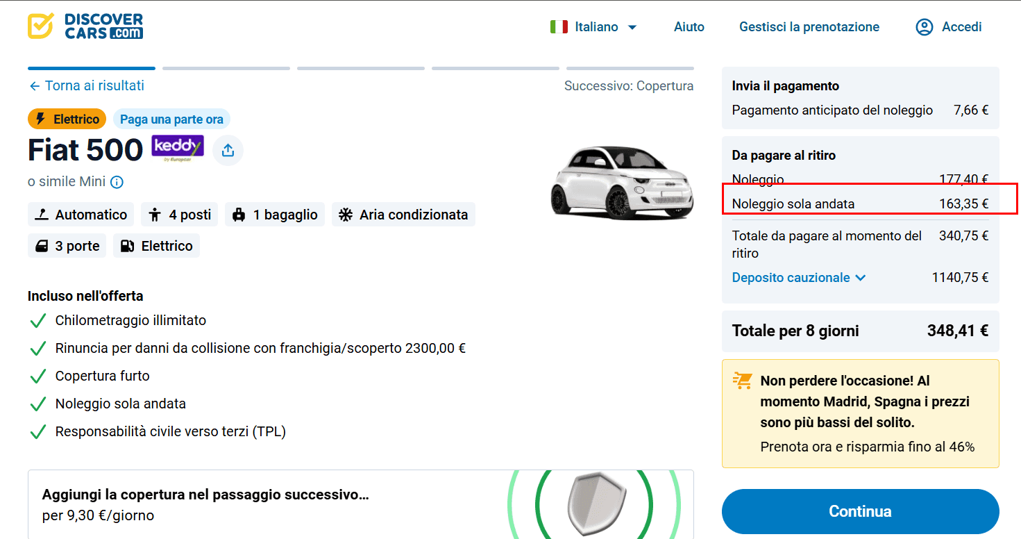 Pagina di prenotazione con il costo del noleggio di sola andata evidenziato