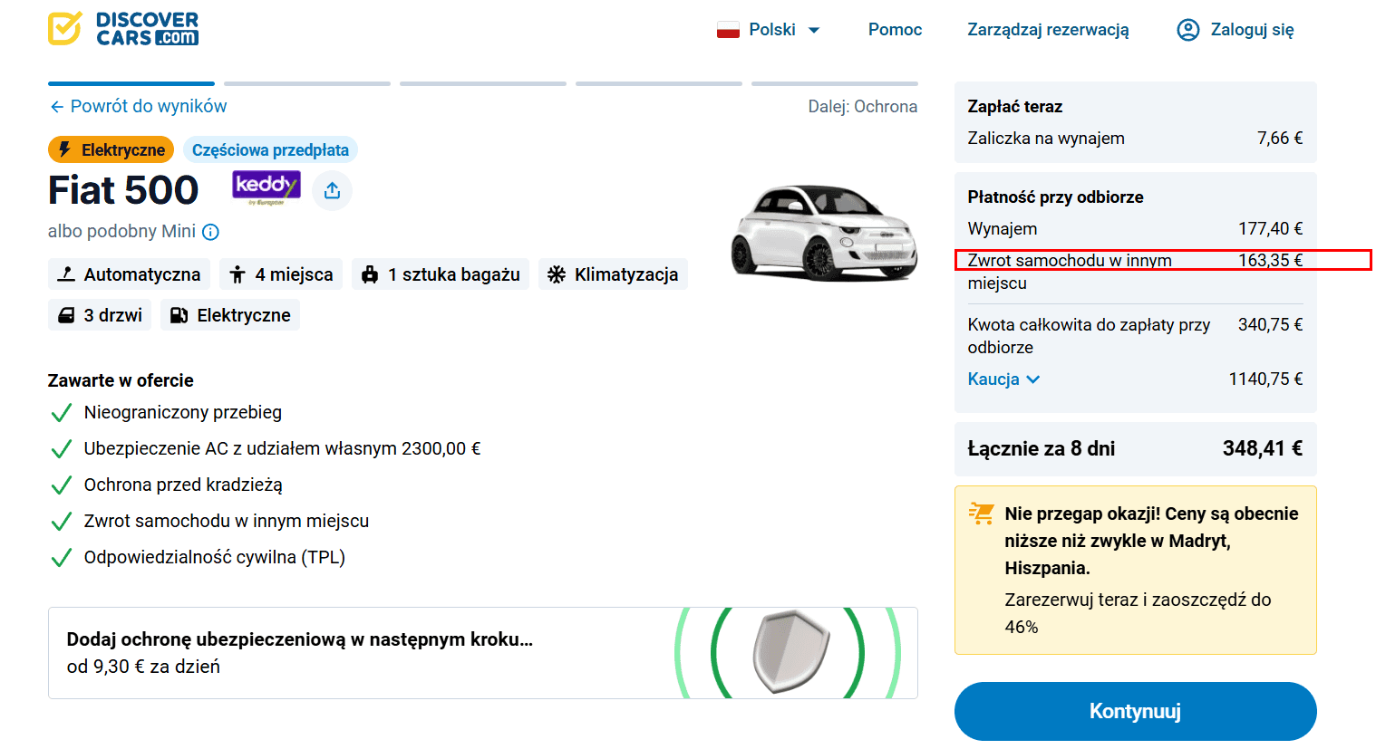 Strona rezerwacji z zaznaczonym kosztem wynajmu w jedną stronę