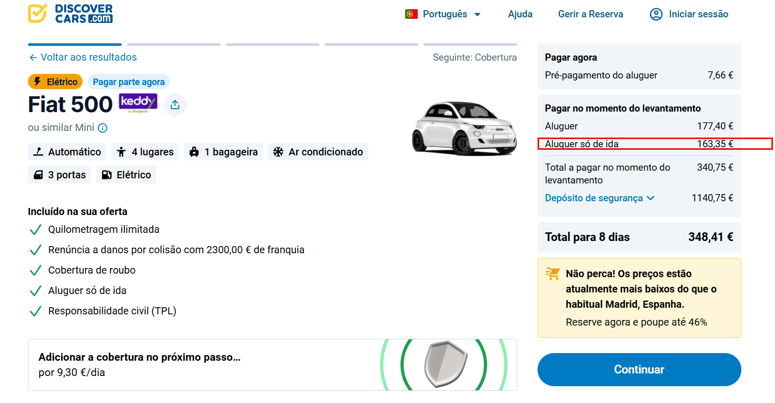 Página de reserva com o custo do aluguer de ida destacado