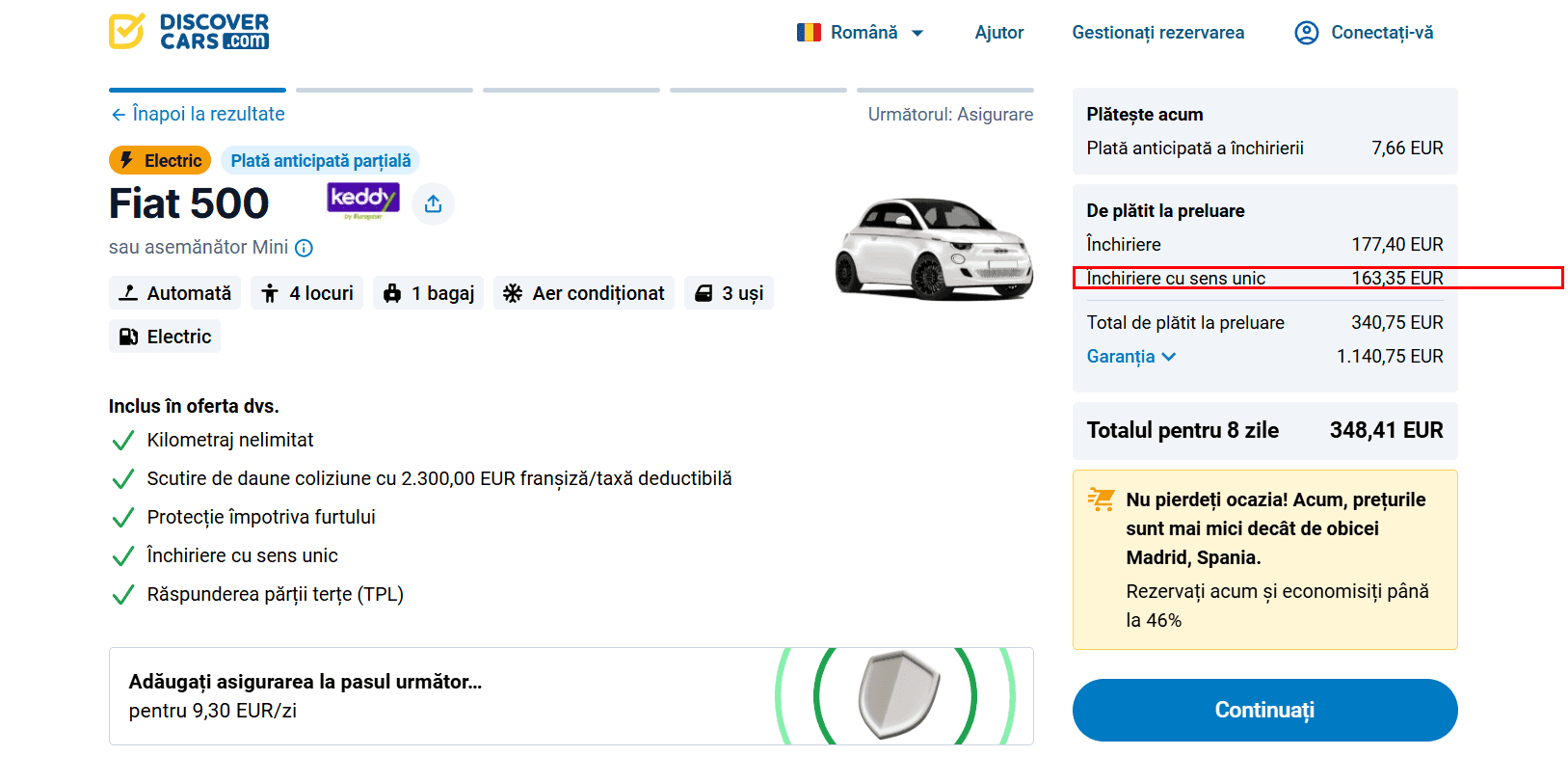 Pagina de rezervare cu costul închirierii dus evidențiat