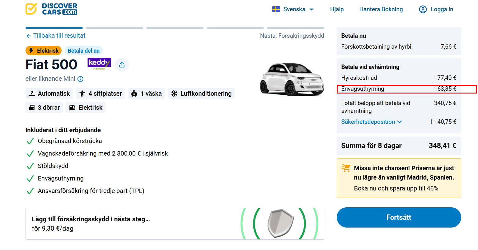 Bokningssida med kostnaden för envägsuthyrning markerad