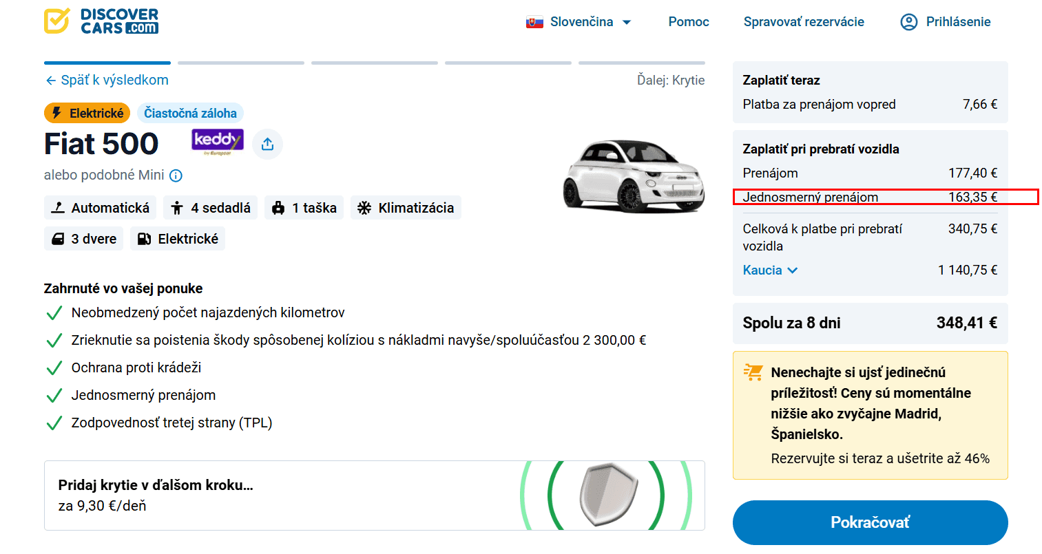 Stránka rezervácie s označenou cenou za jednosmerný prenájom