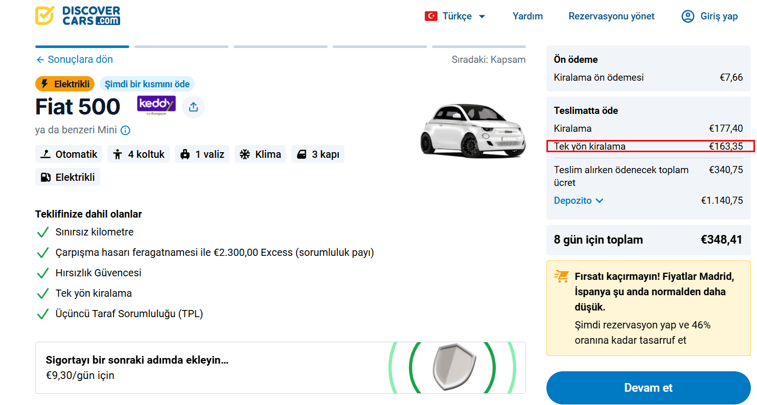 Rezervasyon sayfası, tek yönlü kiralama ücreti vurgulanmış halde