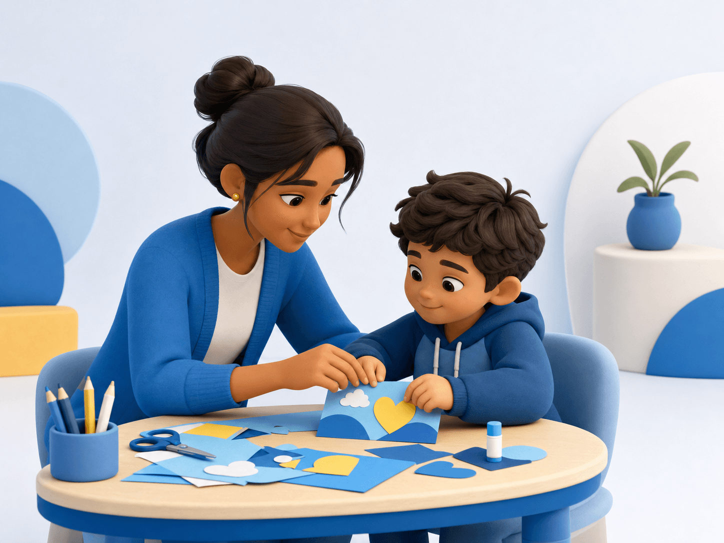 3d illustration of woman and child doing crafts