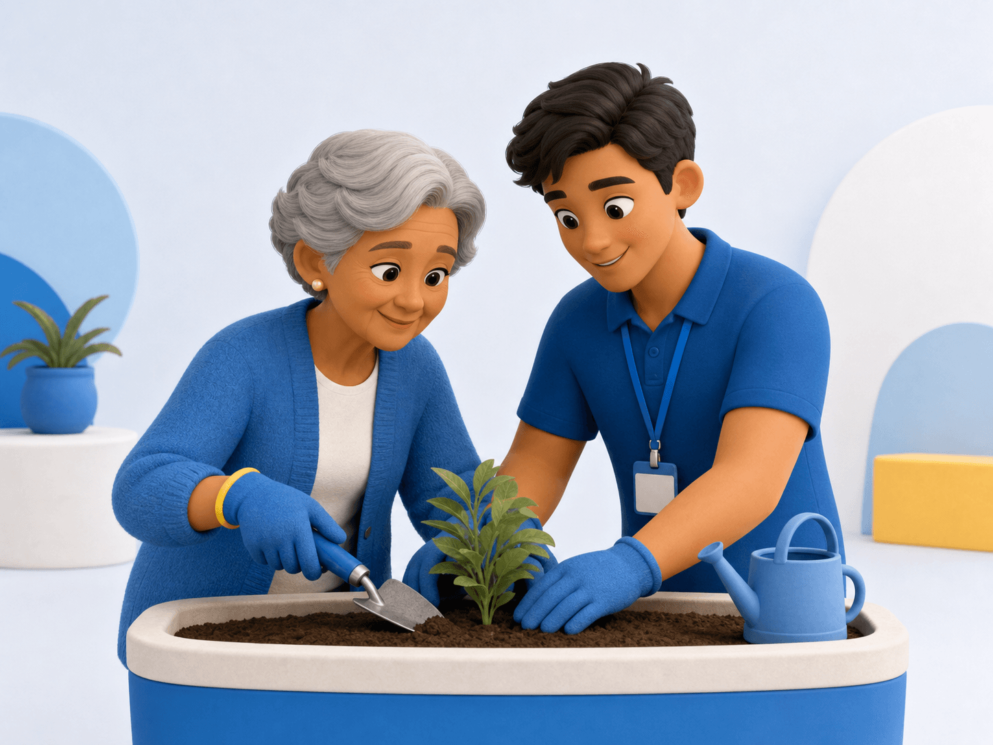 3d illustration of a woman and elderly person platning a plant