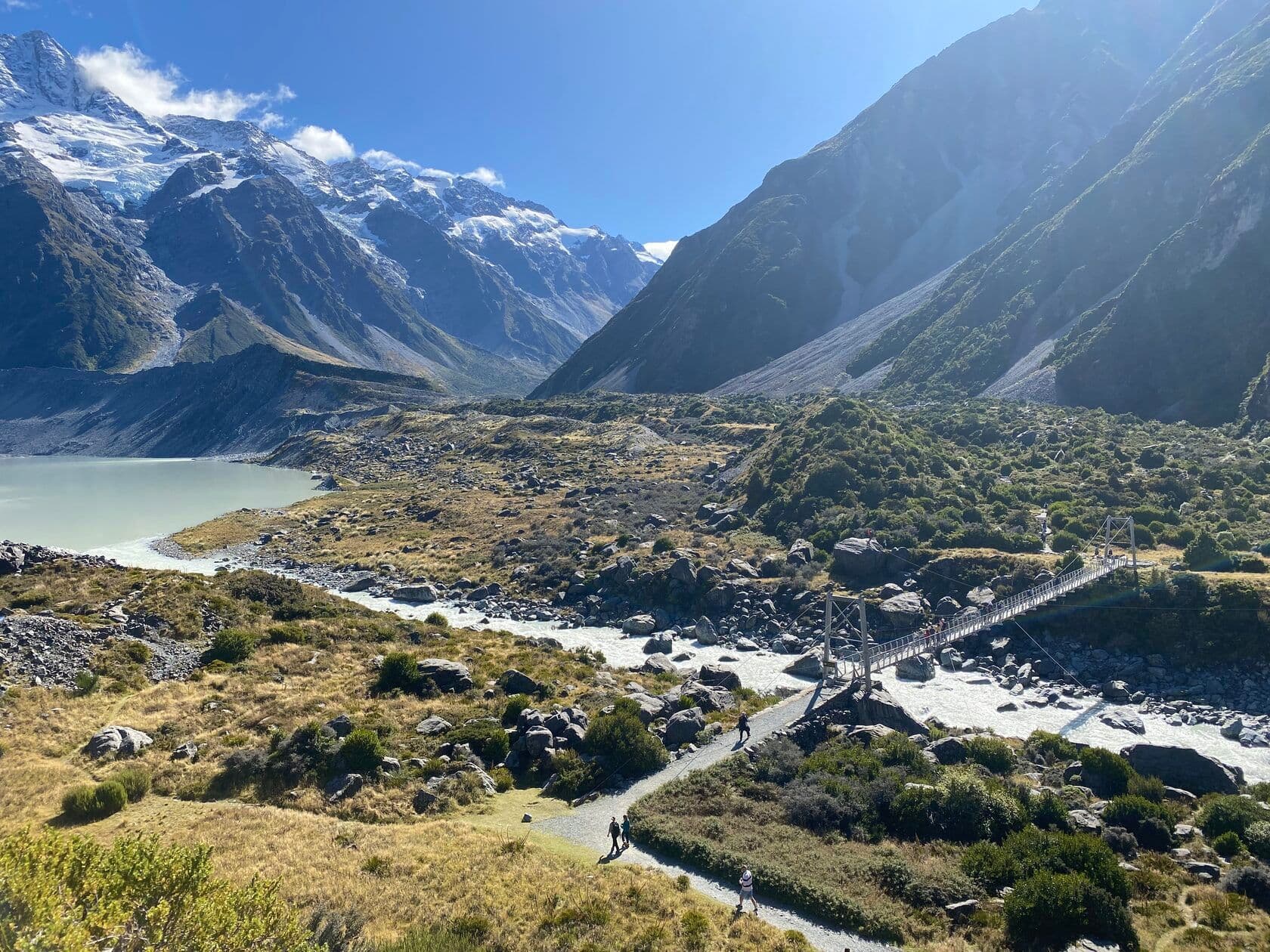 A swing bridge on the Hooker Valley Track in Aoraki / Mount Cook National Park, New Zealand