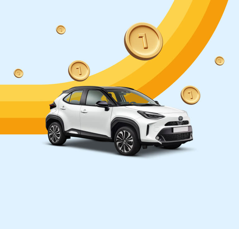 A white SUV with a background of coins and a rainbow in DiscoverCars.com yellow